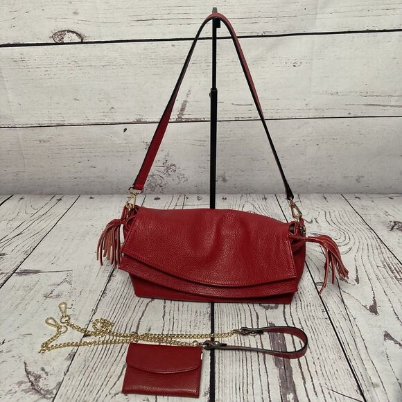 Unbranded Red Genuine Leather Handbag Made In Italy Fold Over‎ Chain Strap - Picture 1 of 11